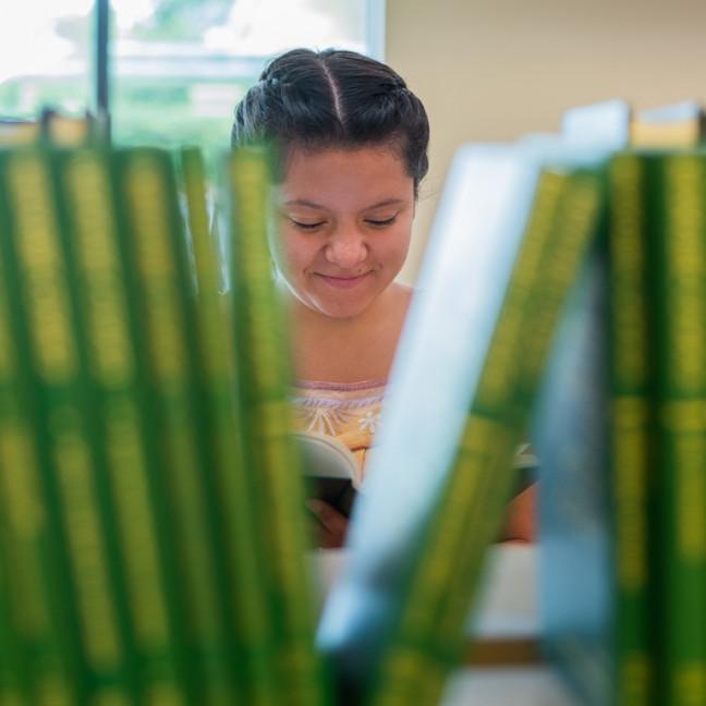 a student is visible behind a row of books